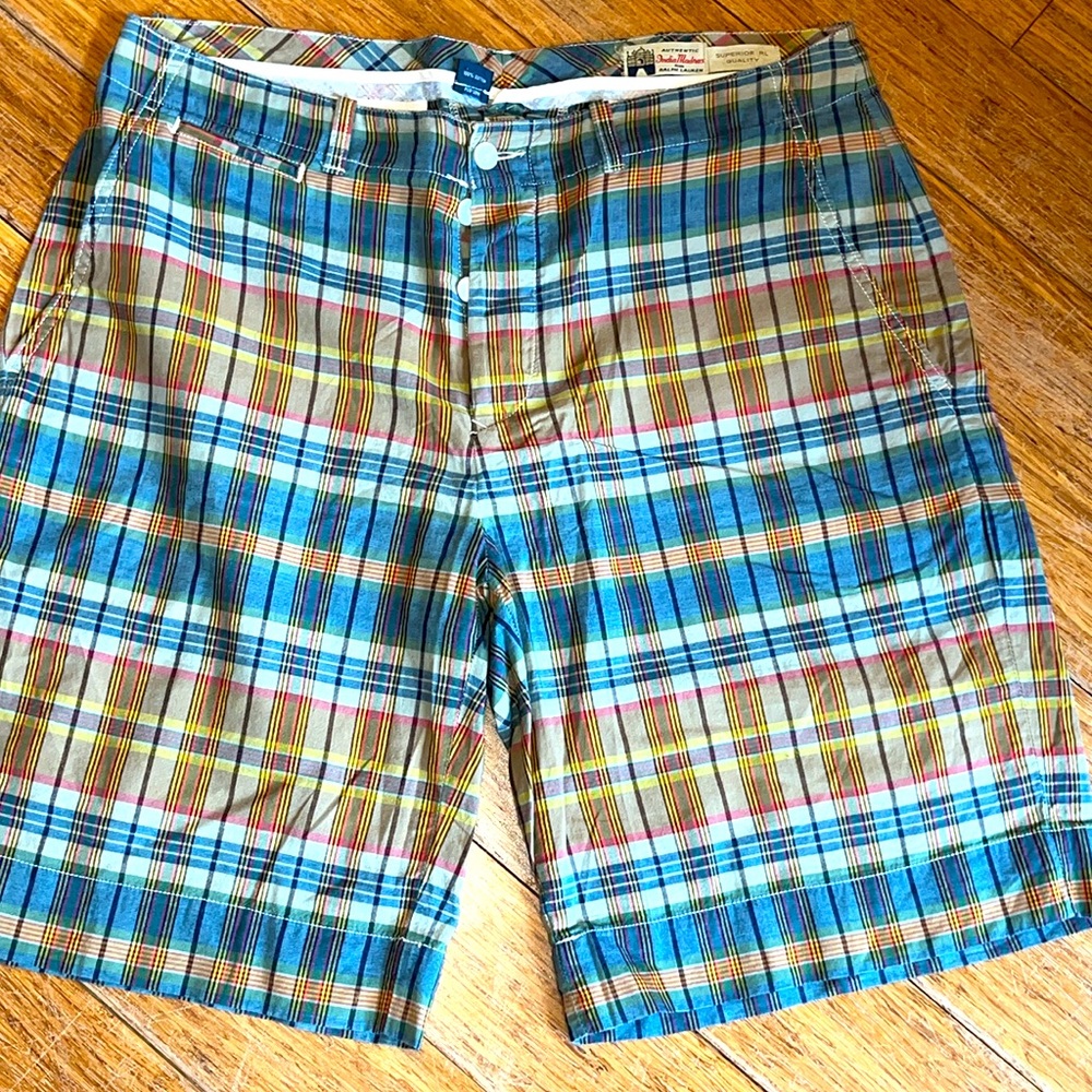 Polo Ralph Lauren India MADRAS PLAID SHORTS Button Fly Men’s 34 Orange Blue TAN